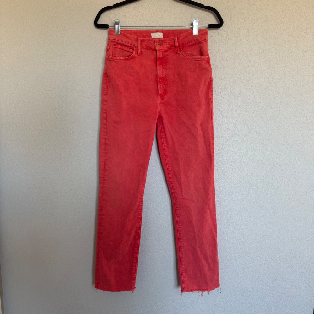 Mother The Swooner Rascal Ankle Fray Jeans 28 Flame Scarlett Red High Rise